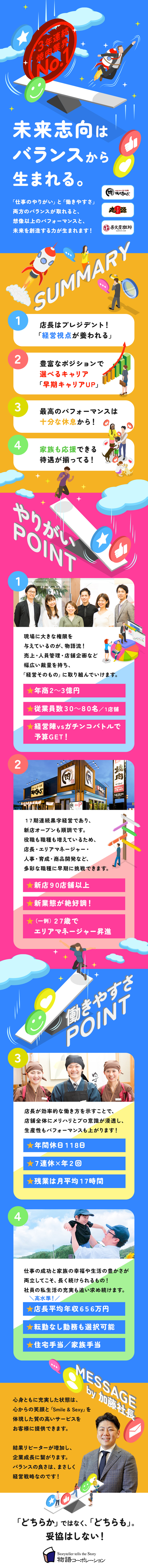 17期連続黒字経営／今期は新店90店以上を開店予定／本社勤務の70％は現場出身者！人事・開発・広報など／店長平均年収656万／公休月9日／7連休×年2回／株式会社物語コーポレーション(焼肉きんぐ・丸源ラーメン・寿司・しゃぶしゃぶ ゆず庵・お好み焼本舗など）【プライム市場】