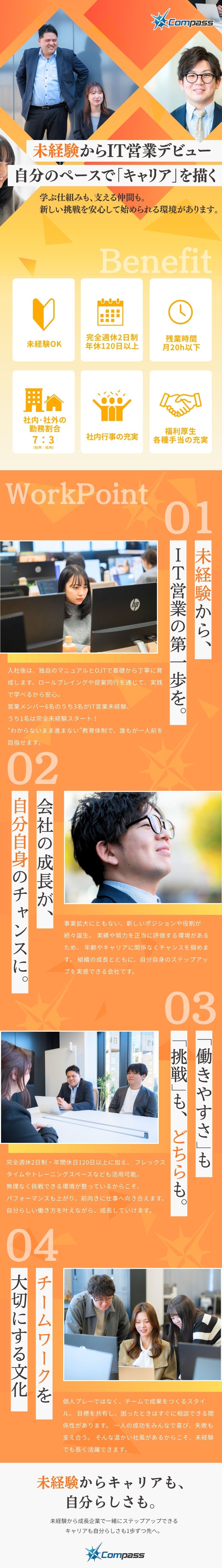 ■トップ営業のノウハウ完備＆OJTで安心して挑戦／■売上・社員数ともに拡大中！成長を続ける企業／■柔軟な働き方が叶う！フレックス×フリーアドレス／コンパス株式会社