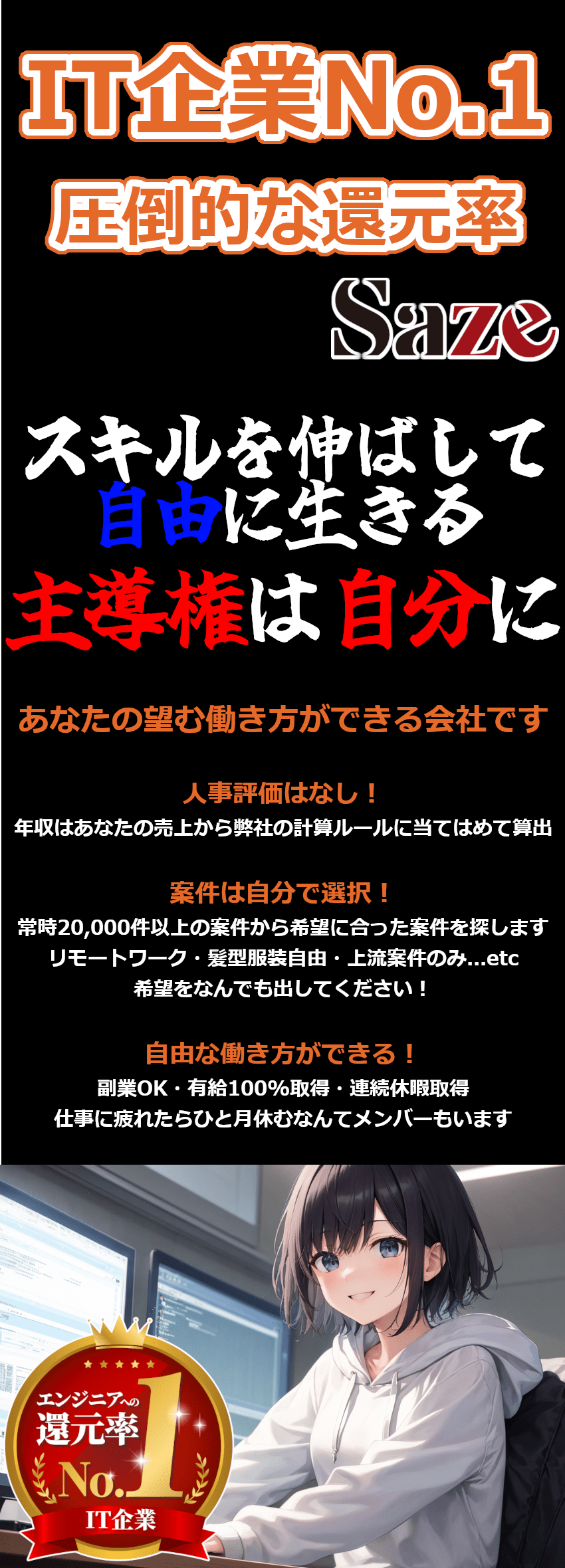 IT業界No.1の還元率/年功序列も人事評価もなし／案件選択可／案件常時17,000件以上・リモート可／自由な働き方／副業OK・有給100%消化可能／Ｓａｚｅ株式会社