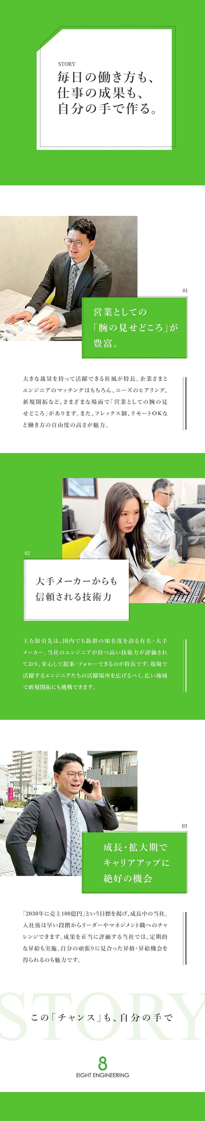 【魅力】大手自動車メーカーとエンジニアをつなぐ営業／【裁量】自由度高く自分のアイデア・力量を試せる環境／【安定】毎年増益達成中／成長中企業の中核メンバーへ／株式会社エイトエンジニアリング