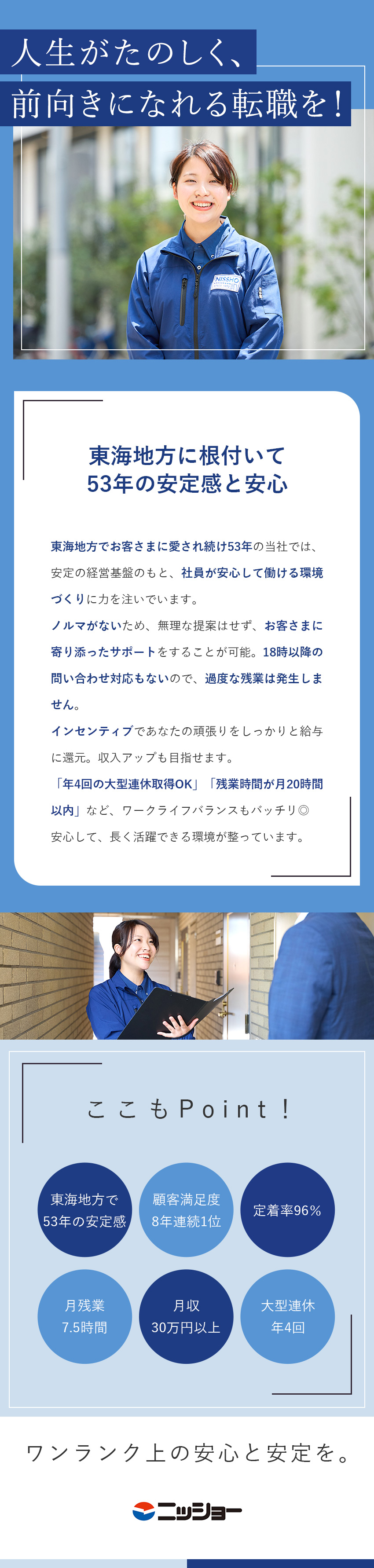 ＜業績好調＞東海地方に根付いて53年／定着率96％／＜転勤なし＞Uターン歓迎／年4回の5～10連休／＜好待遇＞月給25万円以上＋毎月の業績給あり！／株式会社ニッショー
