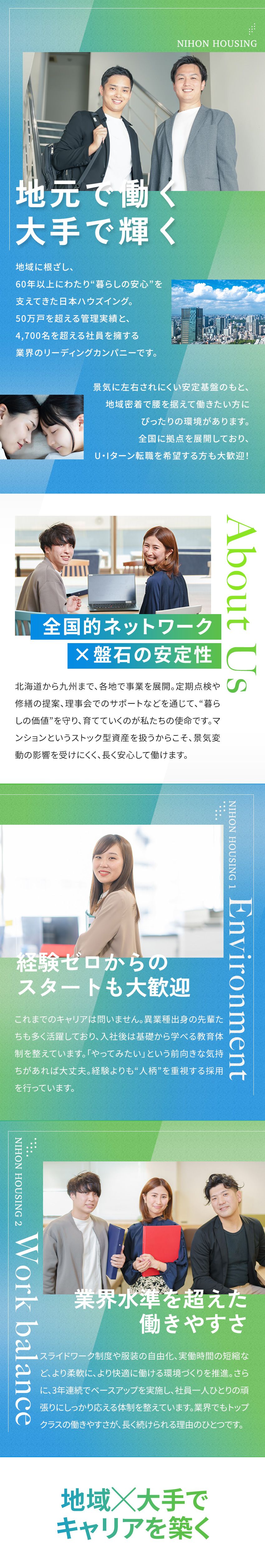 創業1958年！業界トップクラスの管理戸数を誇る／未経験×異業種の先輩多数！手厚い研修があるから安心／テレワーク・スライドワークあり・服装自由・土日祝休／日本ハウズイング株式会社