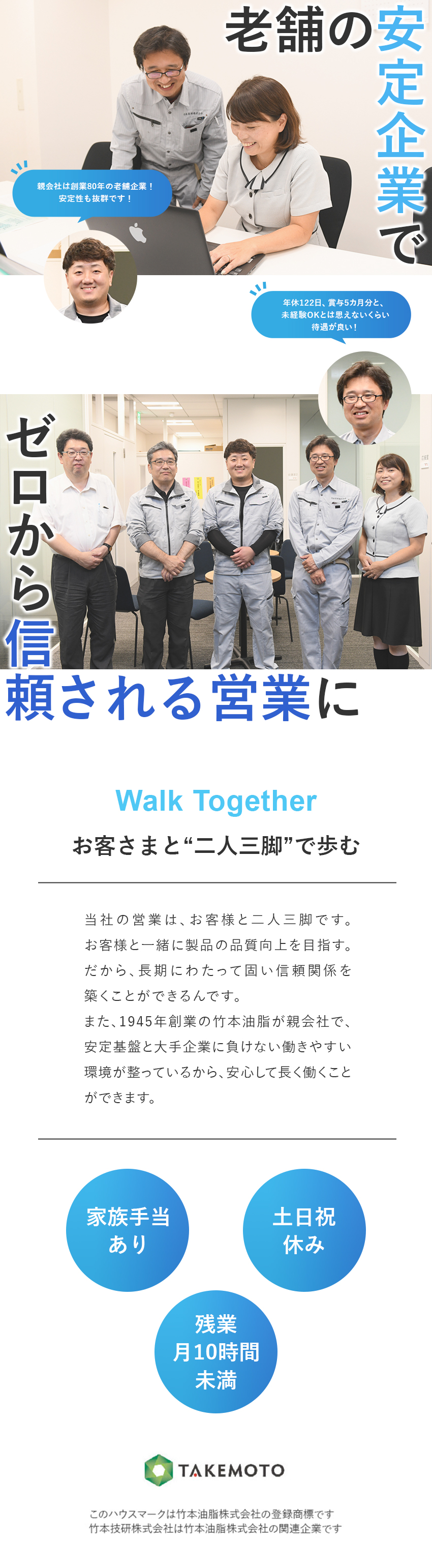 コンクリ―トの製造に欠かせない製品の販売！／昨年度賞与実績5カ月分／月給25万5000円以上／既存顧客メイン／運転日当／休日出勤手当／土日祝休み／竹本技研株式会社