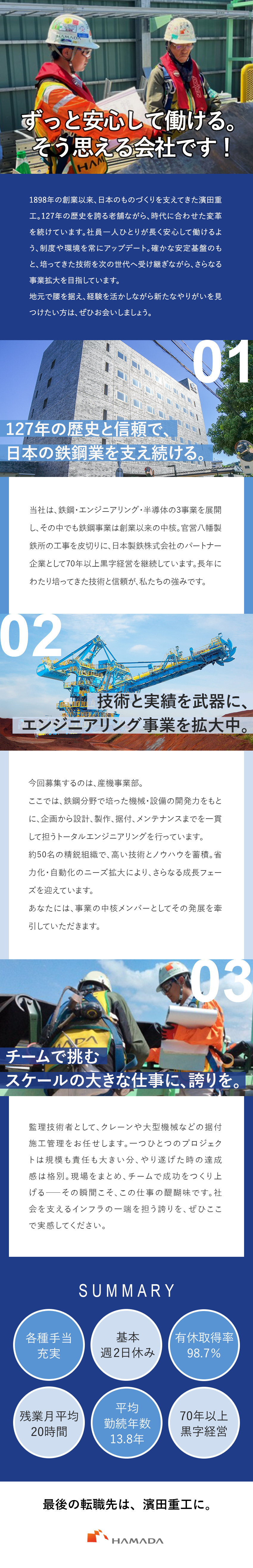 【安定性】日本製鉄株式会社のパートナー企業／【好待遇】想定年収740万円～880万円※手当含む／【福利厚生充実】出張手当・帰省手当など各種手当あり／濱田重工株式会社