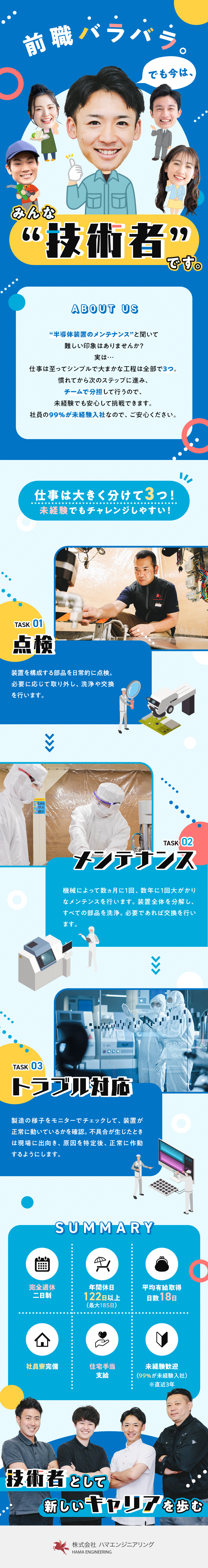 【99％が未経験入社】業務は大きく分けて３つ！／【9期連続で増収】賞与年3回＋住宅などの手当が多数／【年休122日以上／最大185日】残業月平均20H／株式会社ハマエンジニアリング