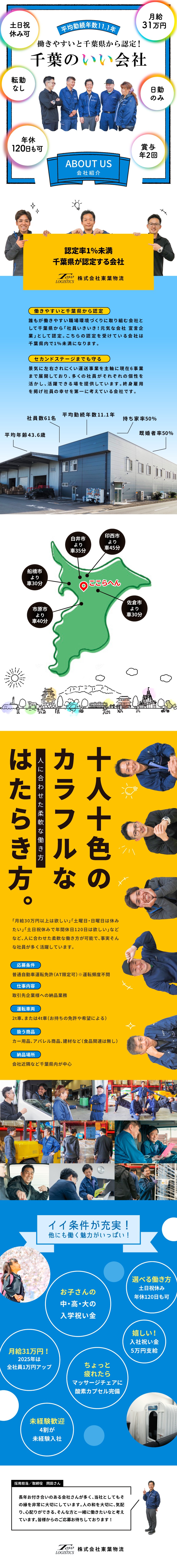 普通免許があればOK／未経験でも月給31万円～可能／「年休120日」「完全土日祝休み」の働き方も可能／平均勤続年数11.1年／中・高・大の入学祝金支給／株式会社 東葉物流【 TOYO LOGISTICS Co., Ltd. 】