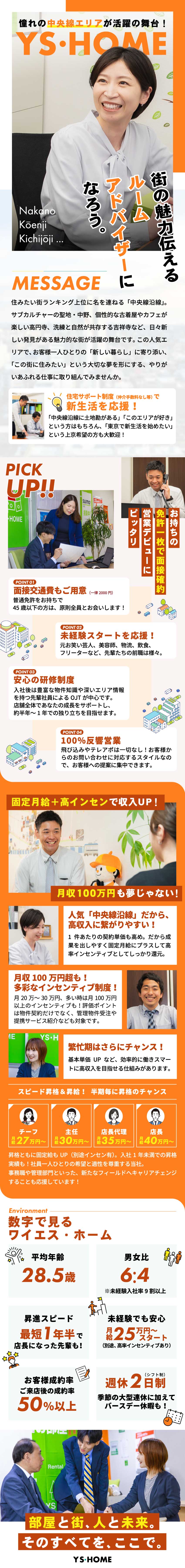未経験入社9割★万全のサポートで安心スタート！／人気の中央線・丸ノ内線エリア★魅力あふれる職場環境／高額インセンティブ★1年目のインセン月平均10万円／株式会社ワイエス・ホーム(ワイエス・ホームグループ)