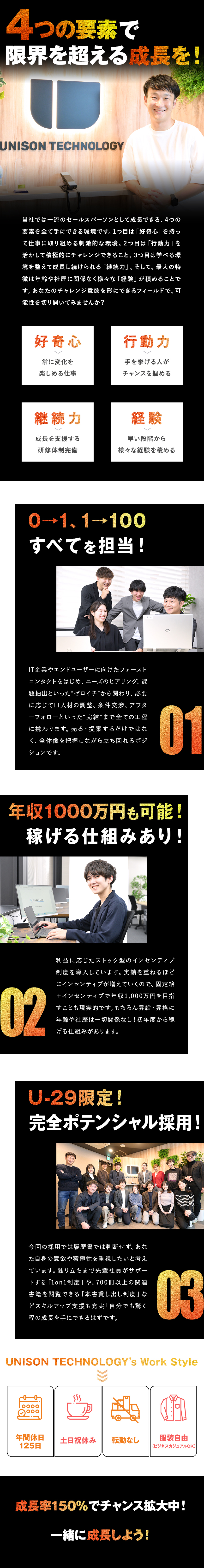 年収1000万円も可能！実績を正当に評価し還元！／IT、人材知識、課題解決スキルを磨けるIT会社！／U-29限定採用！向上心のある仲間とスピード成長！／株式会社ユニゾン・テクノロジー