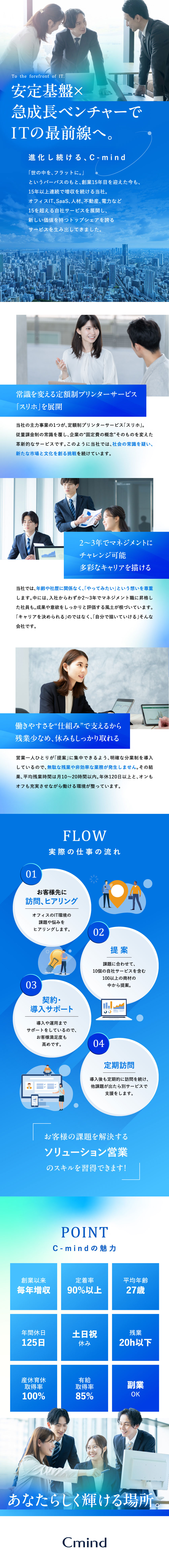 10個の自社サービスを含む100以上の提案ができる／テレアポなし！効率的に稼げて年収1000万円も可能／年休125日、土日祝休、基本定時退社でオフも充実！／株式会社Ｃ‐ｍｉｎｄ