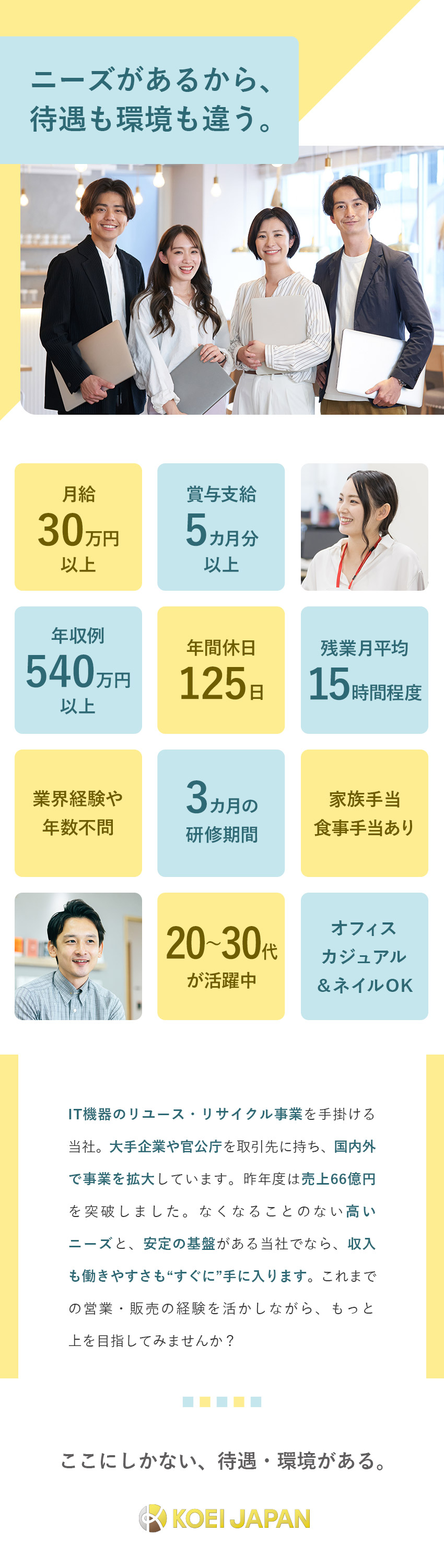 ★大手企業や官公庁からの依頼多数／需要の高い分野／★業界未経験でも月給30万円以上／年収例540万円／★20～30代活躍中／残業月平均15時間／土日祝休／ＫＯＥＩ　ＪＡＰＡＮ株式会社