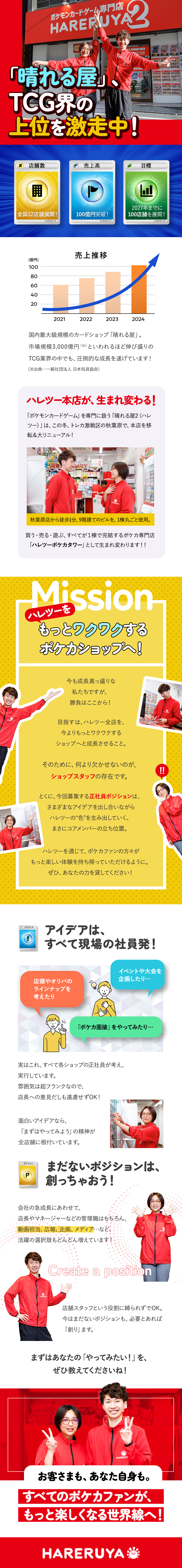 【将来性◎】TCG業界でも堅調な売上成長！／【働きやすさ◎】年間休日125日・完全週休2日制！／【キャリア◎】店舗拡大中によりキャリアは自由自在！／株式会社晴れる屋【晴れる屋2（ハレツー）】