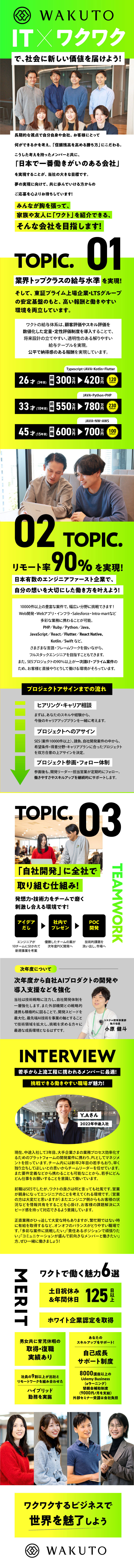 成長：一人ひとりが描くキャリアパスが叶う！／多彩な案件：エンジニアのキャリアを考え、アサイン！／働く環境：年休125日以上／ホワイト企業認定／株式会社ワクト