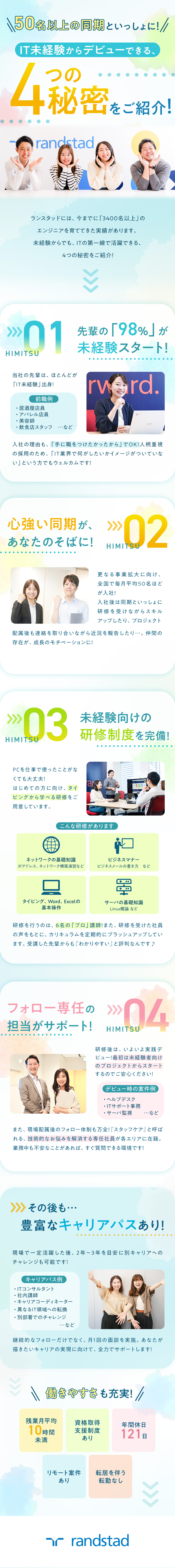 ◆未経験入社98%⇒成長実績4500名超！／◆毎月50名以上を採用／同期と研修で基礎から学ぶ／◆資格取得やキャリア相談などサポート体制が充実／ランスタッド株式会社【randstad technologies／エンジニア事業部】