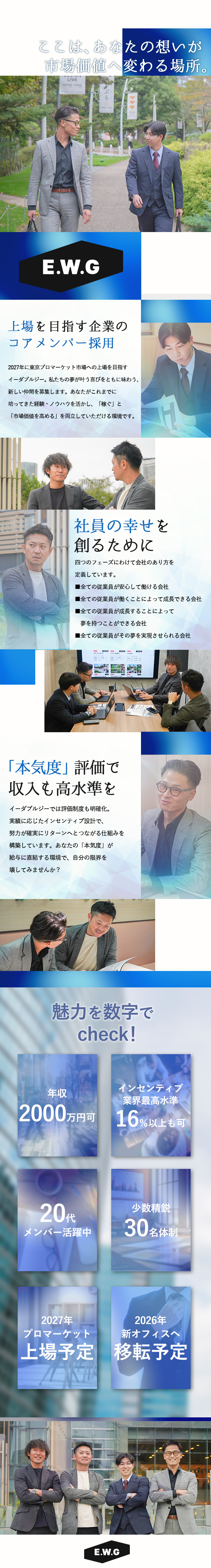 上場目前│会社の“格”が上がる瞬間と喜びをともに／高収入│業界最高峰の還元率でキャリアも収入も上げる／働きやすさ│年休125日＆成果を上げればリモートも／株式会社イーダブルジー