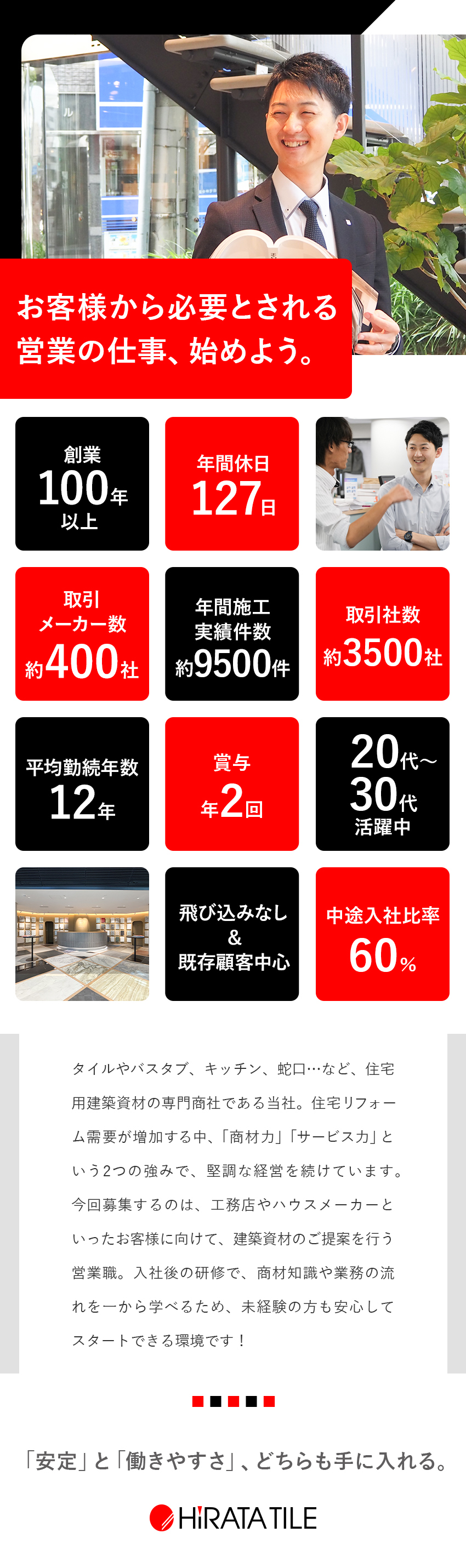 【安定×成長】大手ハウスメーカーや建設会社と取引／【未経験歓迎】飛び込み無／既存顧客メイン／研修充実／【働きやすさ】年休127日／転勤なし／賞与年2回／株式会社平田タイル
