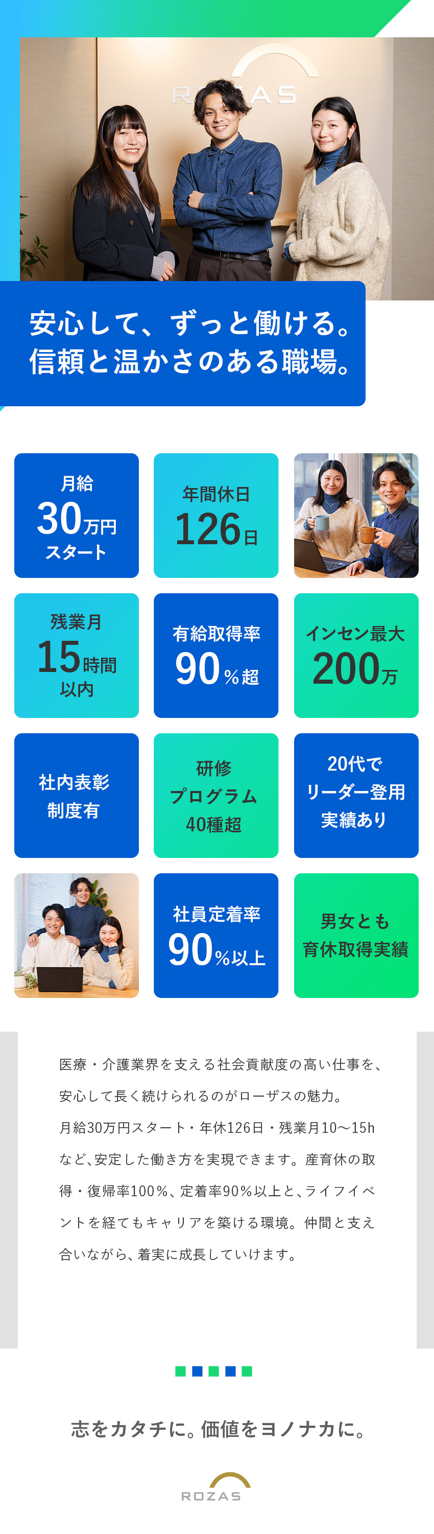 【安定基盤】月給30万円以上＋賞与年3回＋インセン／【働きやすさ】年休126日×土日祝休＆原則定時退社／【安心サポート】産育休復帰率100％・研修制度充実／株式会社ローザス