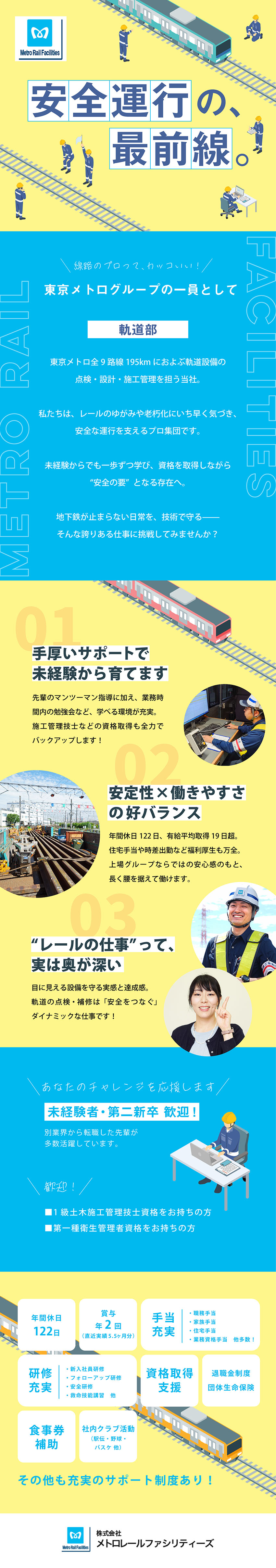 東京メトロの安全と快適を支える社会貢献性の高い仕事／働き方メリハリ◎週平均労働時間38h未満／4週8休／年平均有給取得19日以上／各種手当も充実！／株式会社メトロレールファシリティーズ(東京メトログループ)