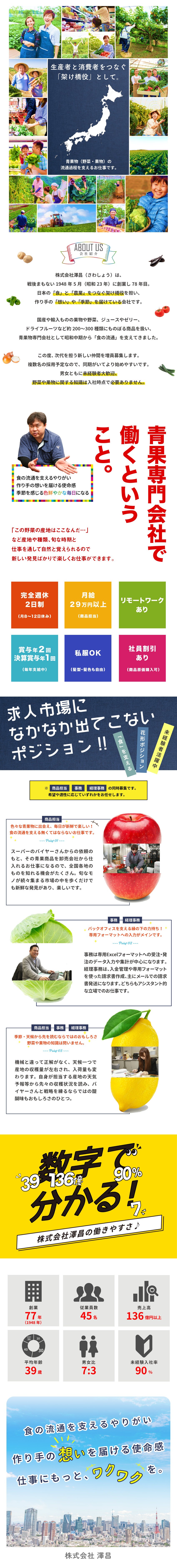 【月給29万円～】77年続く青果物専門会社です。／【リモートワークあり】日本の農業と食の世界を支える／【完全週休2日制】私服OK！野菜や果物の知識不要／株式会社 澤昌（サワショウ）