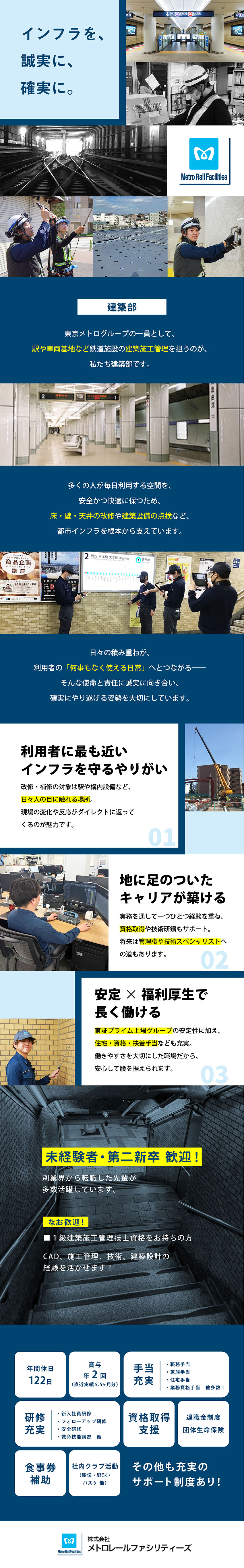 東京メトロの安全と快適を支える社会貢献性の高い仕事／働き方メリハリ◎週平均労働時間38h未満／4週8休／年平均有給取得19日以上／各種手当も充実！／株式会社メトロレールファシリティーズ(東京メトログループ)