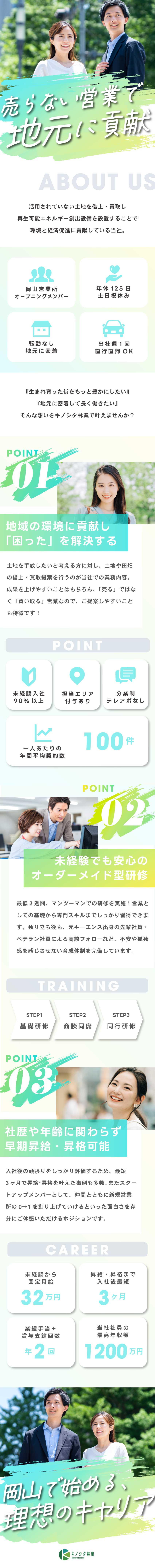 【経験不問】売らない営業&手厚い研修で始めやすさ◎／【キャリア】昇格最短3ヶ月／年収1200万円も可／【待遇◎】賞与＆業績手当年2回／週1出社／転勤なし／株式会社キノシタ林業
