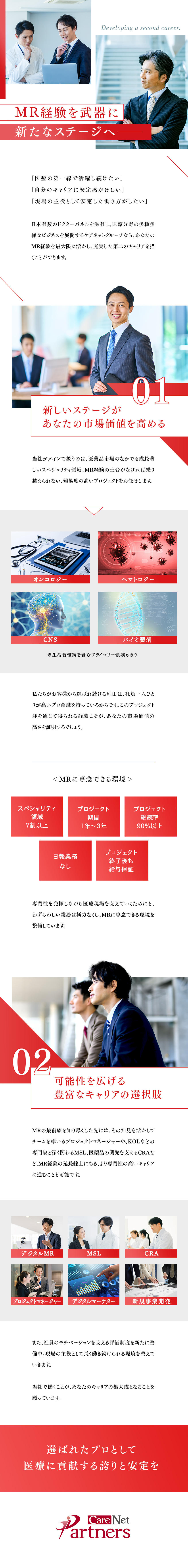 人生の後半からもう一度、医療の最前線へ／成長著しいスペシャリティ領域で市場価値を高める／MSL・CRAなど、豊富なキャリアパスの選択肢あり／株式会社ケアネットパートナーズ