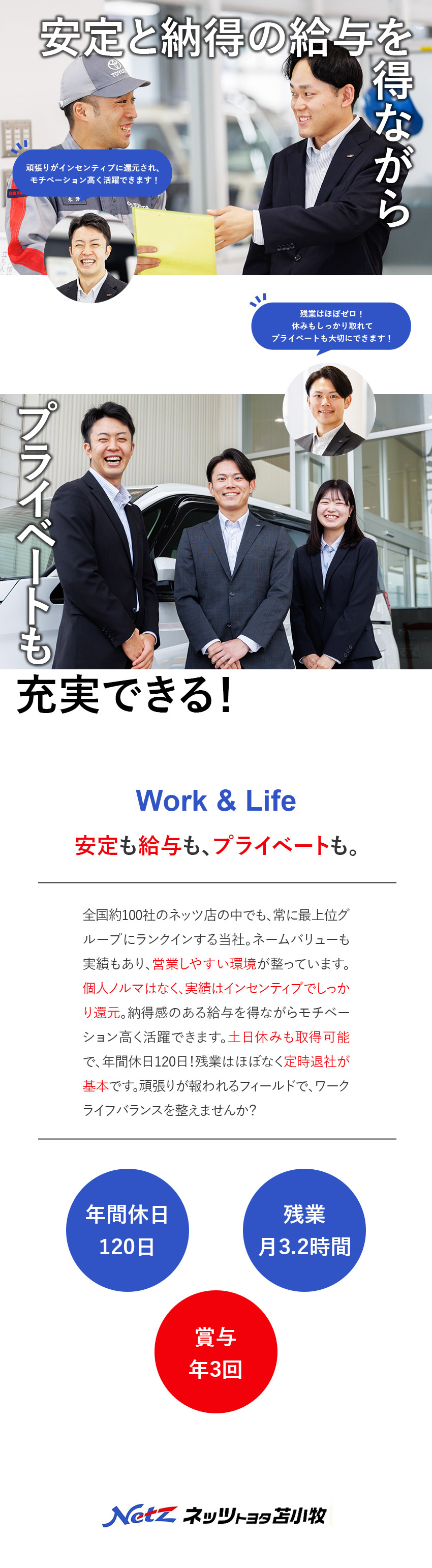【売りやすさ】全国ネッツ店で販売シェア最上位クラス／【やりがい】ノルマなし！実績をインセンティブで還元／【働きやすさ】年休120日・定時帰宅基本・土日休可／ネッツトヨタ苫小牧株式会社