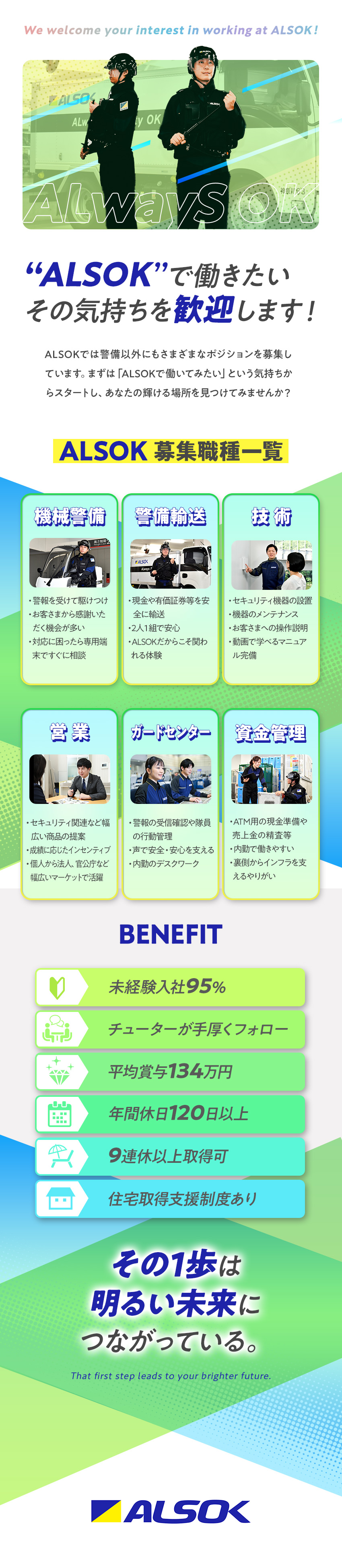 【未経験◎】他業界からの転職が95％！／【安定◎】東証プライム上場！安心して長く勤められる／【待遇】平均賞与134万円／年間休日120日／ＡＬＳＯＫ株式会社【プライム市場】