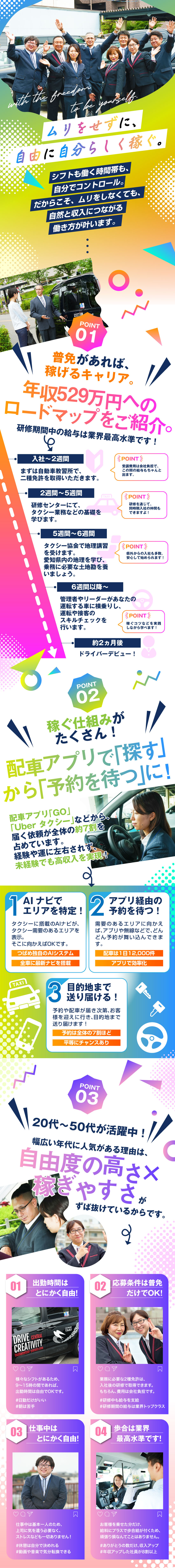 入社2～3ヵ月の社員多数。人気急上昇中の仕事です。／平均月収は48万円、初年度の平均年収は529万円。／土地勘は不問。地理やルールなど、イチから学べます。／つばめタクシーグループ合同募集（セントラル交通株式会社、中央交通株式会社、伸和交通株式会社）
