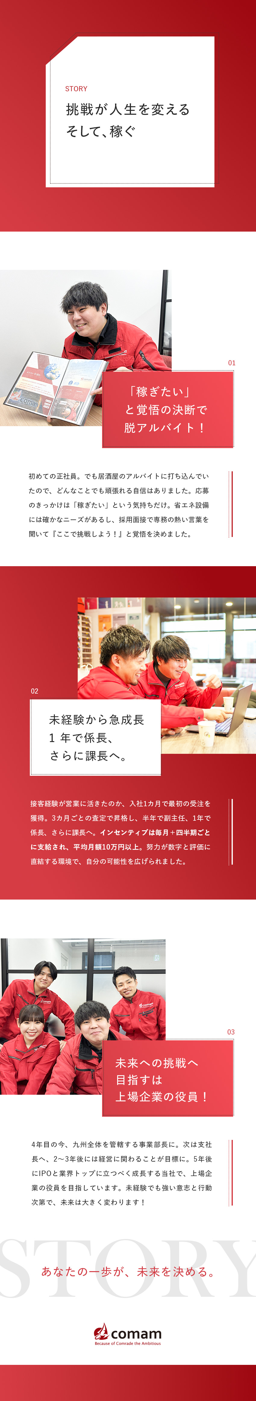 キャリアアップ◆圧倒的昇進スピード！早期管理職登用／高率インセンティブ◆初年度年収1000万円超えも！／未経験OK◆営業未経験9割！研修＋サポートで育成／株式会社ｃｏｍａｍ
