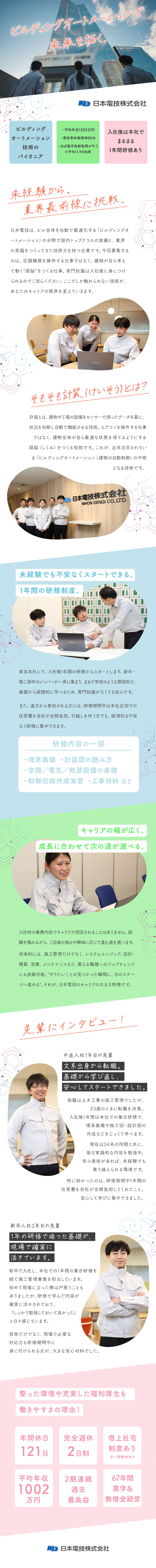【手厚い研修】文理不問・未経験から学べる1年研修／【第二新卒歓迎】新卒同様の選考基準＆教育体制／【安定感】2期連続最高益！67年間黒字と安定／日本電技株式会社【スタンダード市場】