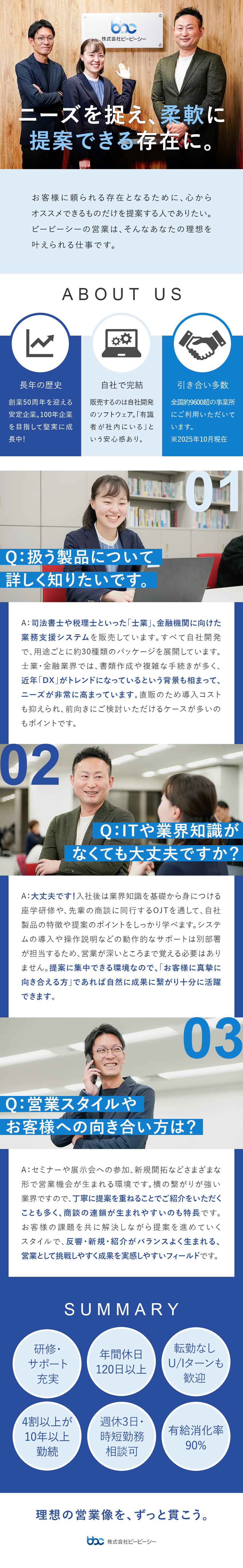 【需要増】士業・金融業界／自社開発システムの提案／【未経験OK】座学研修、OJTなど手厚いサポート有／【働きやすい】有休消化率9割／高い定着率で安心／株式会社ビービーシー