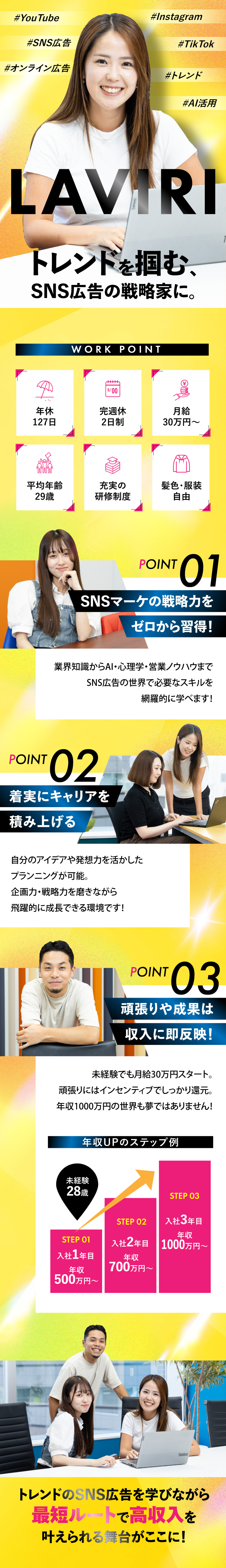 【自由度◎】SNS広告×アイデアで裁量ある提案を！／【高収入】明確評価で月収200万円以上も目指せる！／【働き方】年休127日＋完週休2日＋土日祝休み／株式会社ラヴィリ
