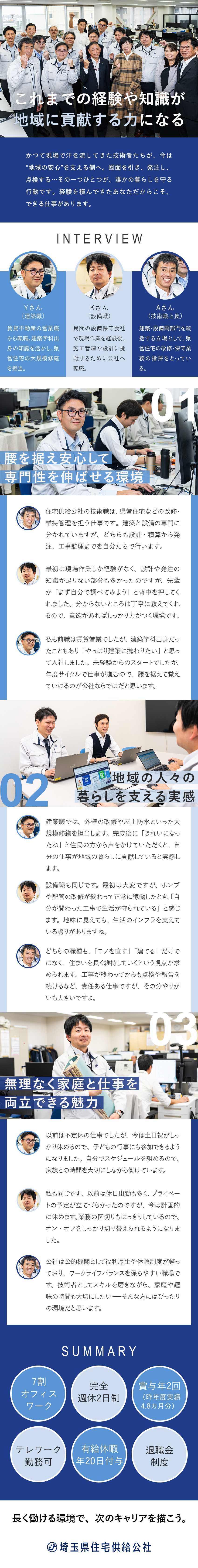 【将来性】埼玉県100%出資の安定基盤あり／【社会貢献性】地域の暮らしを支えるやりがい／【働きやすさ】土日祝休み&残業月20時間未満／埼玉県住宅供給公社