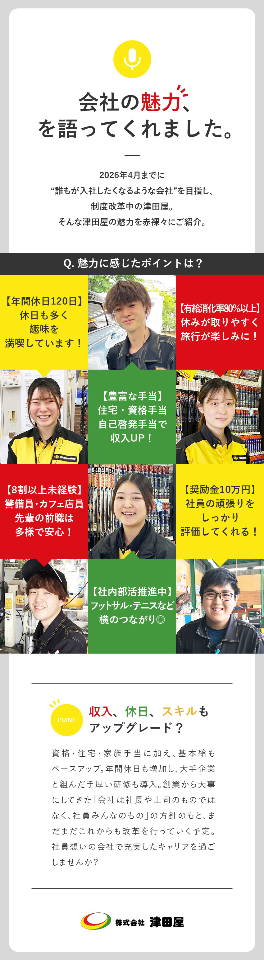 【安定性】創業65年の安定企業！年商100億円超／【未経験歓迎】車の知識不要／イチから学べる研修有／【スキルUP】自動車検査員などの国家資格取得者多数／株式会社津田屋（イエローハット）