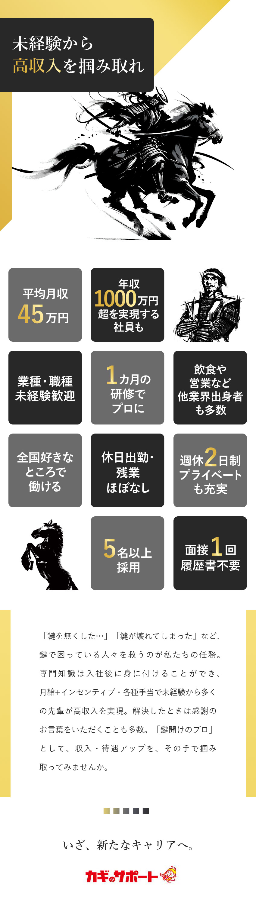 ◆鍵で困る人々を助ける鍵のプロに／未経験歓迎／◆平均月収45万円／年収1000万円～も目指せる！／◆鍵開けのプロとして事件を警察や地検と共に解決！？／株式会社鍵屋（カギサポ24）