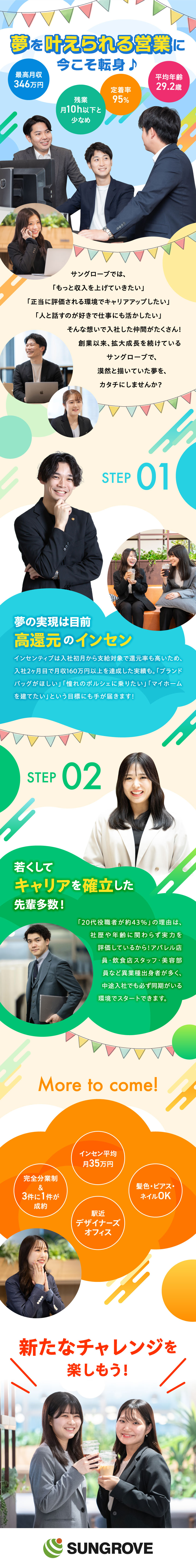 《コミュ力を最大の武器に》未経験入社率87％以上／《座学とOJT＆メンター制度》同期と一緒にスタート／《働きやすさ》年休125日以上・残業月10時間以下／サングローブ株式会社