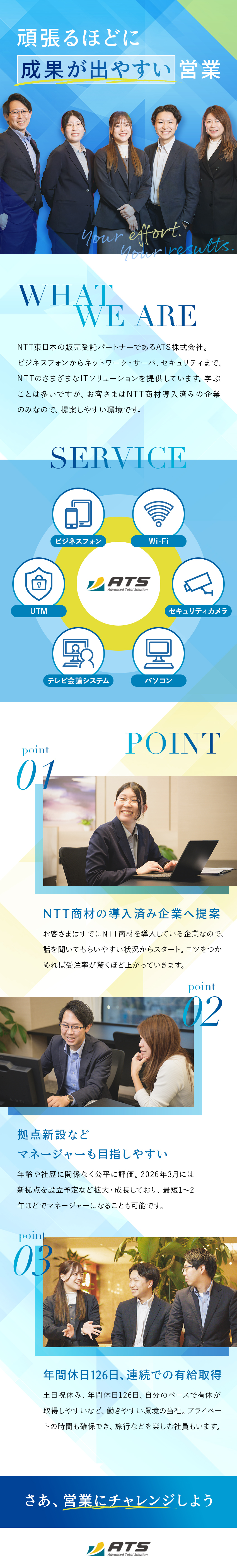 NTT東日本パートナー企業／NTTの名前で営業可能／最新のITソリューションに触れられ、提案できる／年間休日126日／土日祝休み／プライベート充実／ＡＴＳ株式会社