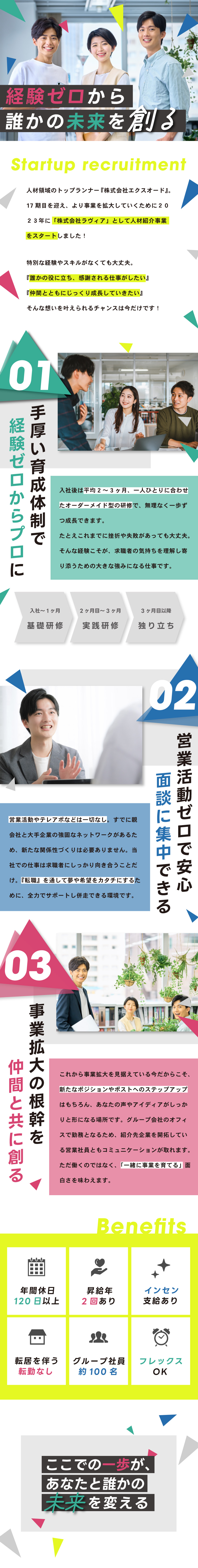 【今だけのチャンス！】安定基盤で事業拡大に携われる／【未経験OK】開拓・テレアポなし／研修3ヶ月あり／【働きやすい】年休120日以上／フレックスタイム制／株式会社ラヴィア(株式会社エクスオードのグループ会社)