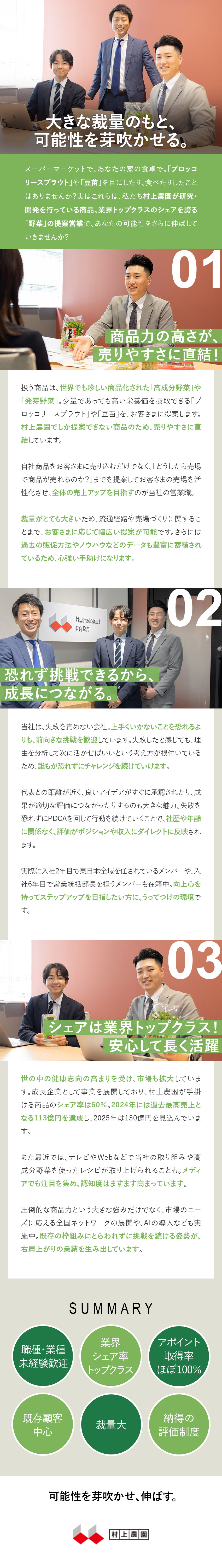 【未経験歓迎】前向きな挑戦を続けられる社風／【シェア60％】大きな裁量のもと自由な提案が可能／【働きやすい】完全週休2日制・転勤なし・賞与年2回／株式会社村上農園