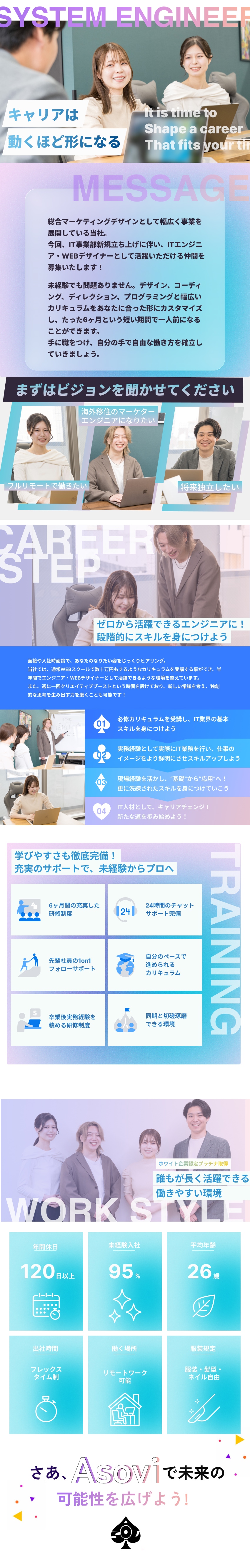 スクール受講レベルの研修でWEB業界デビューを応援／フルフレックス・リモート可など自由なワークスタイル／ホワイト企業認定プラチナ取得の働きやすい環境◎／株式会社Ａｓｏｖｉ