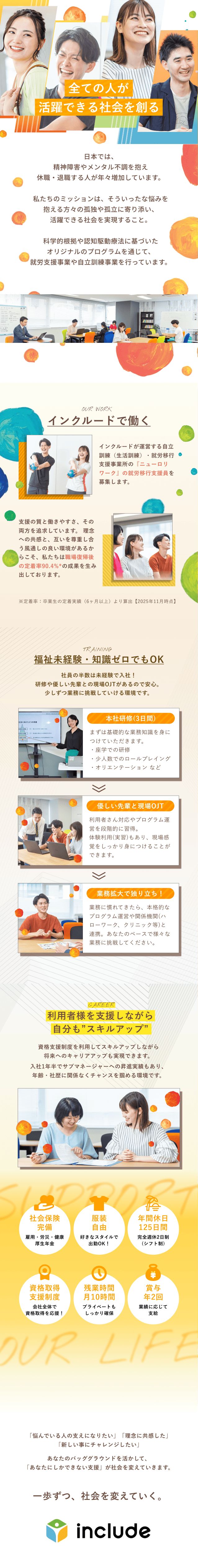 悩みを抱える人の就労からその後の安定までを支援／キャリアカウンセリングを行い利用者さまを就職へ導く／完休2日・原則定時退社／未経験から月給26万円以上／インクルード株式会社