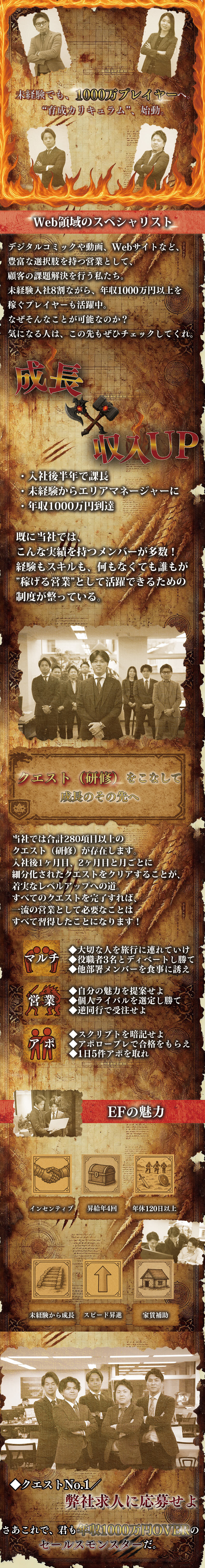 【独自性】漫画×Webマーケティングで価値を提供／【成長】クエスト研修でスピード昇進・昇給可／【高還元率】1契約平均20万円のインセンティブ／株式会社ＥＦ