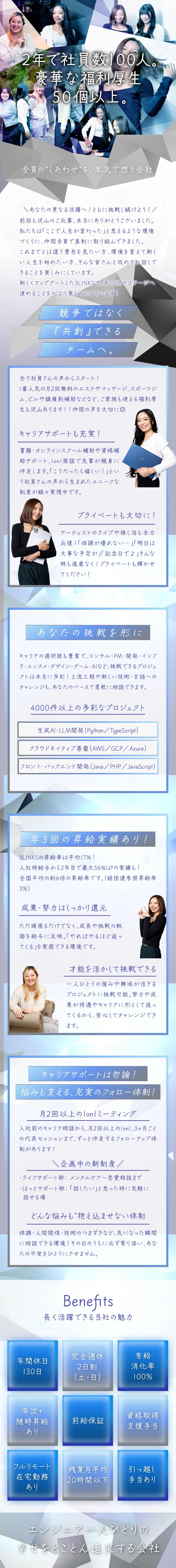 AI時代を走り抜き、技術力×人間力で未来を創る。／共創できるチームへ。フルリモート・全国から応募OK／未経験～ベテランまで全員が活躍！早期役員登用あり◎／3LINKS株式会社